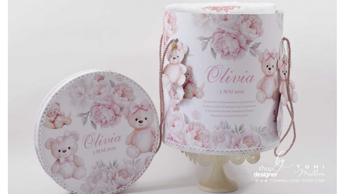 Trusou botez cu ursuleti si flori roz Teddy Bear Baby Girl 15